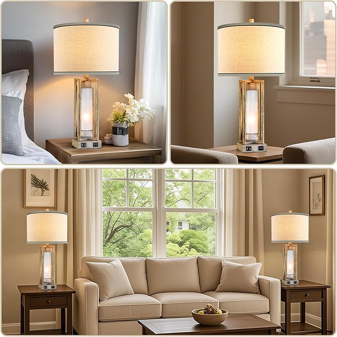 25" Set of 2 Farmhouse Table Lamps for Living Room with USB A+C Ports, Rustic Nightstand Lamp with White Night Light, Vintage Desk Lamp for Entryway Bedroom End Table, 4 Bulbs Included