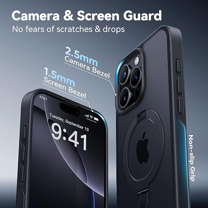 CASEKOO Ultra-Magnetic Stand for iPhone 16 Pro Max Case [Military Drop Protection] [Compatible with MagSafe] Shockproof Translucent Matte Slim Ring Holder Case for iPhone 16 ProMax 6.9 inch, Black