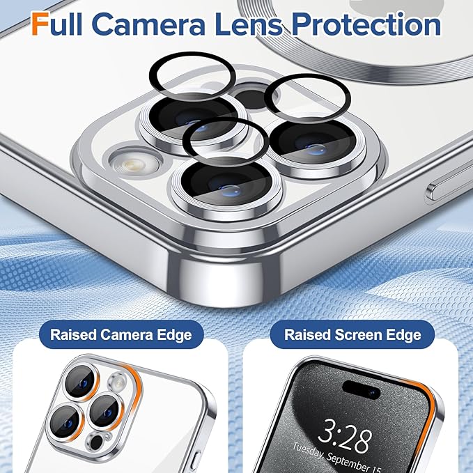 Hython Magnetic Clear for iPhone 15 Pro Max Case with Camera Lens Protector [Compatible with MagSafe] Plating Edge Slim Soft TPU Cover Protective Phone Case for iPhone 15 Pro Max 6.7", Silver
