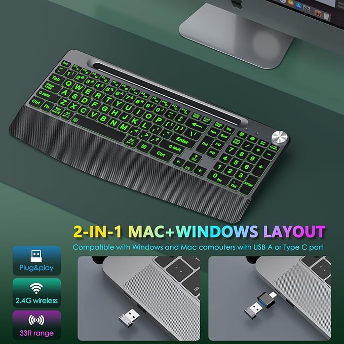 GAMCATZ Large Print Backlit Wireless Keyboard with Wrist Rest-Low-Profile,Phone/Tablet Holder,Rechargeable with Light Up Keyboard,Ergonomic Quiet Computer Keyboard for Desktop,Laptop, PC, Mac-Grey