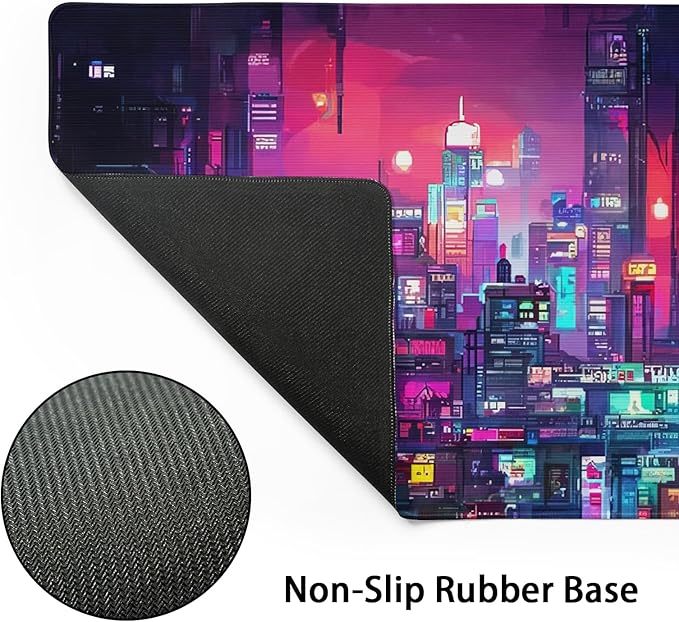 Retro Japanese Anime Gaming Mouse Pad Extended Cool Dark Purple Red Vaporwave City Large Desk Mat Big Mousepad Non-Slip Rubber Base Stitched Edge Long Desk Pad for Desktop Computer,40×20 Inch