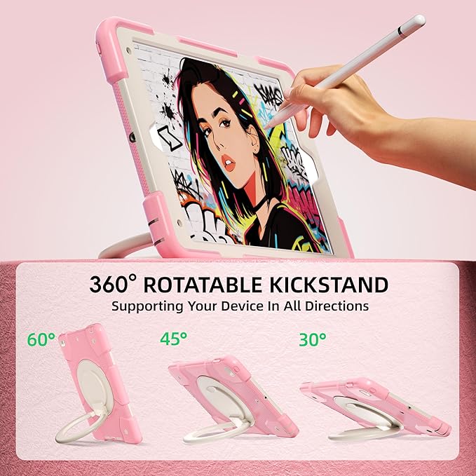 Andnary Case for iPad 9th/8th/7th Generation 10.2 inch, Shockproof Cover with Screen Protector/360° Rotate Stand/Pencil Holder/Shoulder Strap, Kids Case for iPad 2021/2020/2019 (Pink+White)