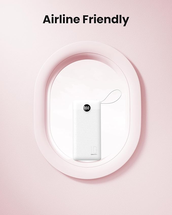Portable Power Bank, 10000mAh Slim Portable Charger with Built-in Cables, External Battery Pack 5 Outputs 2 Inputs LED Display Compatible with iPhone/Android & More (White)