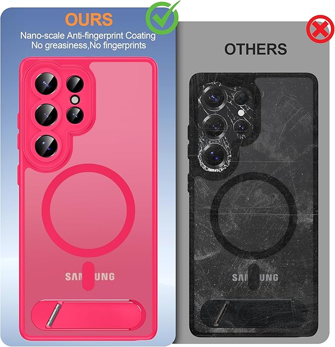 Magnetic for Samsung Galaxy S25 Ultra Case, [Compatible with MagSafe][Full Camera Protection][Built-in Invisible Kickstand] Translucent Matte Phone Case for S25 Ultra 6.9" - Hot Pink