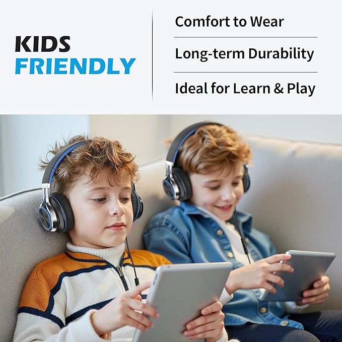 AILIHEN C8 Kids Headphones Wired, On-Ear Headphones with Microphone and Volume Control Foldable Corded Stereo 3.5mm Headset for School Teens Smartphones Chromebook Laptop Tablets Travel (Black Blue)