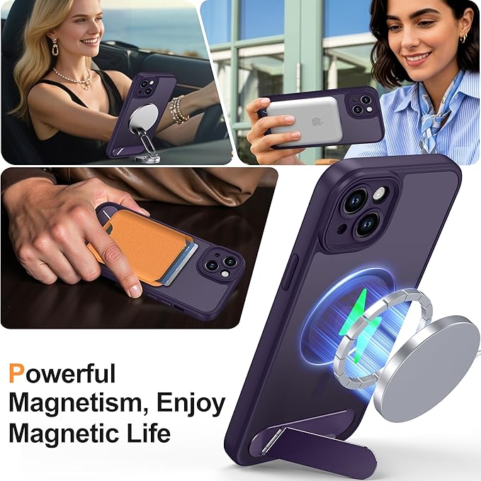 Magnetic Compatible with iPhone 15 Plus Case, [Built-in Kickstand][Full Camera Protection][Compatible with MagSafe][Anti-Fingerprint] Shockproof Phone Case for iPhone 15 Plus 6.7",Purple