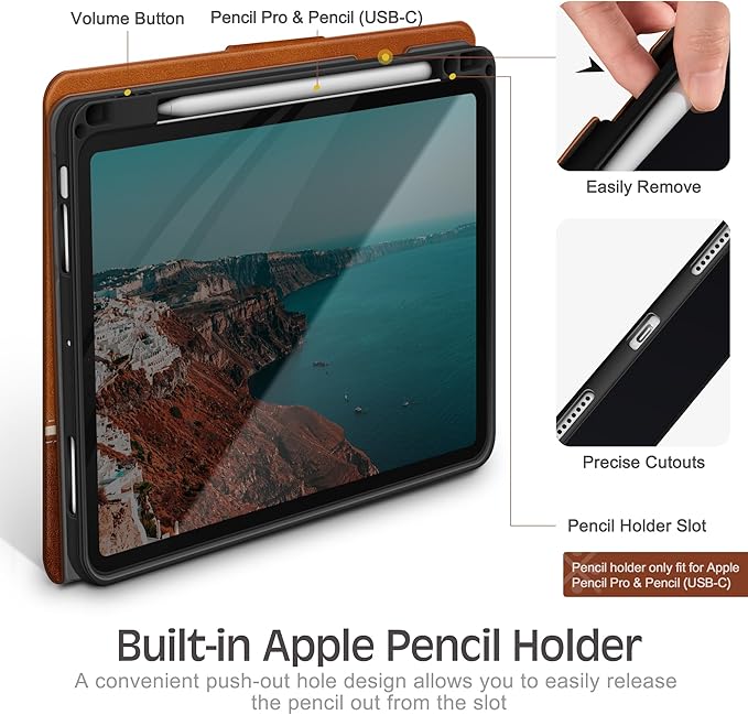 KingBlanc Case for iPad Air 13-inch M4/M3/M2 (2026/2025/2024) with Pencil Holder, Vegan Leather Cover, Auto Wake/Sleep, Multi-Angle Stand for Viewing & Drawing, Pencil Pro & USB-C Compatible, Brown
