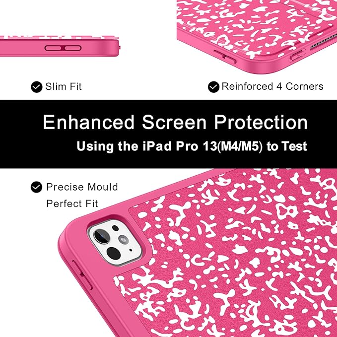 Soke Case for New iPad Pro 13 Inch (M5/M4, 2025/2024 Release), with Pencil Holder Trifold Stand Shockproof [Support Apple Pencil Charging + Auto Wake/Sleep], Soft TPU Back Cover, Book Hot Pink