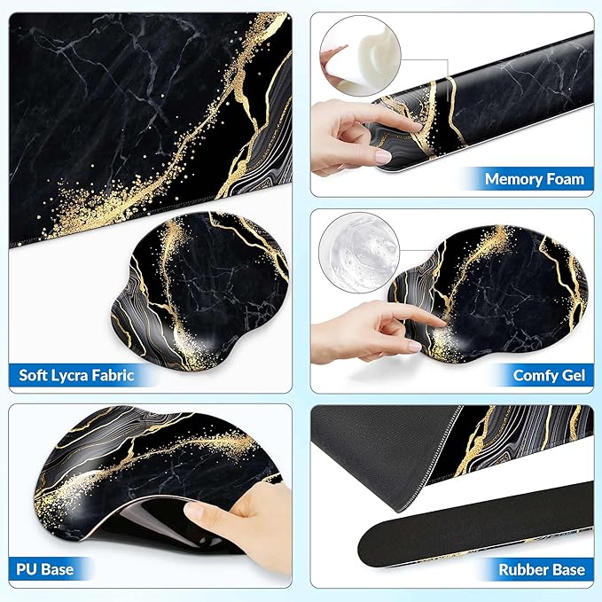 Desk Mat Set + Keyboard and Mouse Pad with Wrist Rest Support,4-in-1 Large Mousepad Computer Mats for Desktop Home & Office-Marble 3