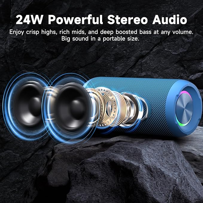 Ortizan Portable Bluetooth Speakers, IPX7 Waterproof Wireless Speaker with 24W Loud Stereo Sound, Outdoor Speaker with Bluetooth 5.3, Deep Bass, RGB Lights, Dual Pairing, 30H Playtime for Home