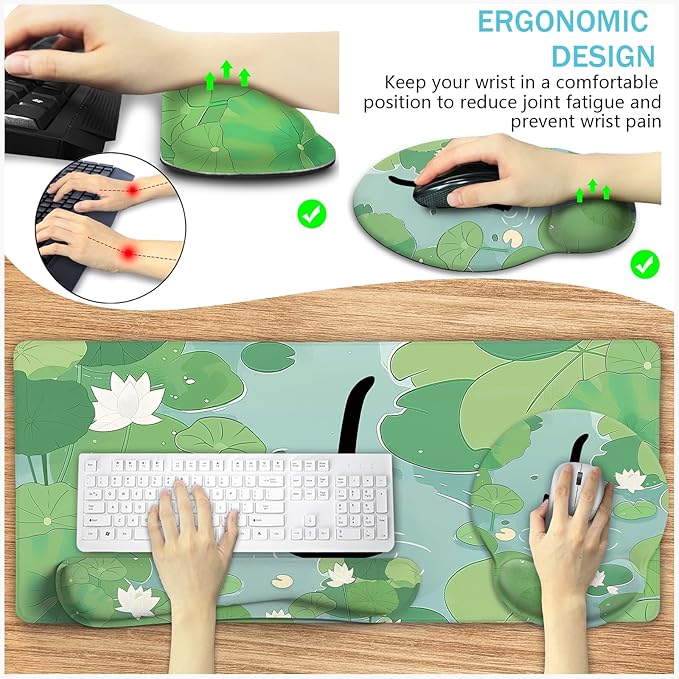 Blusabaca Mouse Pad Desk Pad, Cat Lotus Leaf Desk Mat Large Gaming Mouse Pad with Wrist Rest Cute, Keyboard Pad Wrist Rest Ergonomic, Cup Coaster, Work Home Accessories Office Supplies Decor