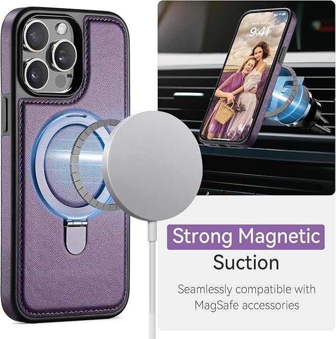 Compatible with iPhone 14 Pro Case with Stand, Compatible with MagSafe, Slim PU Leather & Durable TPU Protective Cover Drop-Proof with Tempered Glass Screen Protector 6.1", Purple