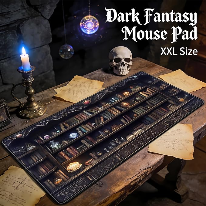 Gaming Desk Mat Large Mouse Pad, Magical Bookshelf Desk Pad Extended Mouse Mat XXL, Keyboard Pad for Gaming Office Home, Full Desktop Computer Pad Dark Academia Desk Decor for Man 31.5" x 15.75"
