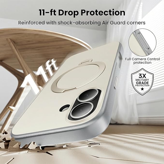 360°Ring Stand for iPhone 17 Case, Compatible with MagSafe, Military-Grade Protective,Anti-Yellowing, Scratch-Resistant Back Cover Phone Case for iPhone 17 6.3", White