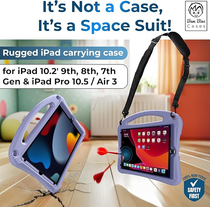 Bam Bino Space Suit iPad 9th Generation Case Kids, iPad 8th/7th/10.2 inch iPad Case for Kids | Lightweight Cover with Screen Protector, Handle, Stand, Shoulder Strap, Pencil Holder (Nebula Violet)