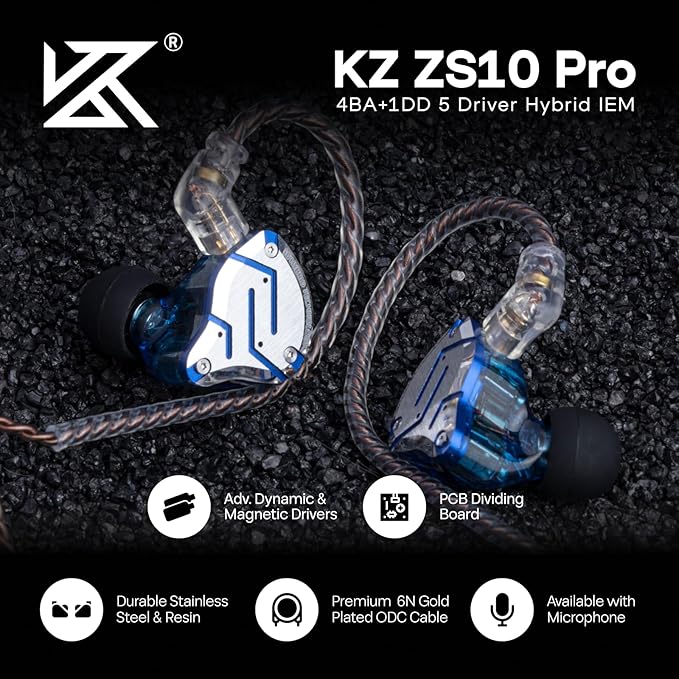 Linsoul KZ ZS10 Pro, 4BA+1DD 5 Driver in Ear Monitor, HiFi Wired Earbuds, Gaming Earbuds, Hybrid IEM Earphones with Stainless Steel Faceplate, Detachable Cable for Musician(Without Mic, Glare Blue)