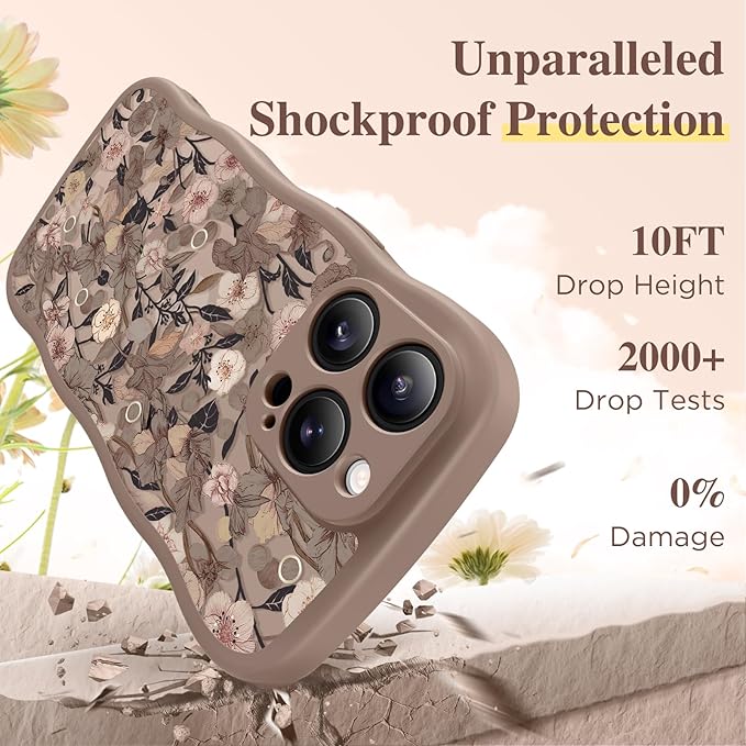GVIEWIN for iPhone 15 Pro Max Case Compatible with MagSafe [Curly Wave Edge][Full Camera Protection] Floral Translucent Shockproof Magnetic Women Phone Case for 15 Pro Max 6.7'', Apricot Blossom/Brown