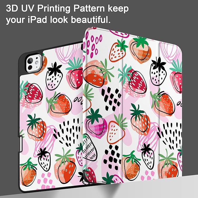 DONGKE Case for iPad Pro 11 inch (M5 2025 / M4 2024, 6th & 5th Generation) – [Built-in Pencil Holder] Ultra Slim PU Leather Trifold Stand Cover with Soft TPU Back, Auto Wake/Sleep, Strawberrys