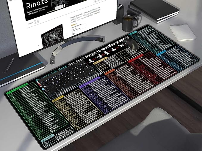 Rinaze Large Mouse Pad With Excel Shortcuts Cheat Sheet, Excel Tips Desk Mat, XXL Gaming Mousepad Keyboard Pad, Office Accessories for Computer, Mac, PC and Laptop