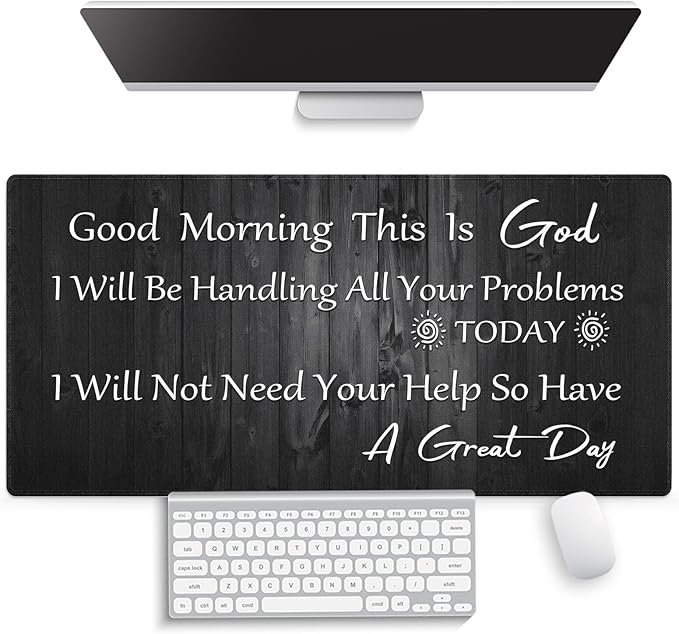 Inspirational Large Gaming Mouse Pad (31.5" x 15.8") - Good Morning This is God Motivational Quote Rustic Black Wood, Spiritual Religious Christian Bible Verse Scripture, Stitched Desk Mat