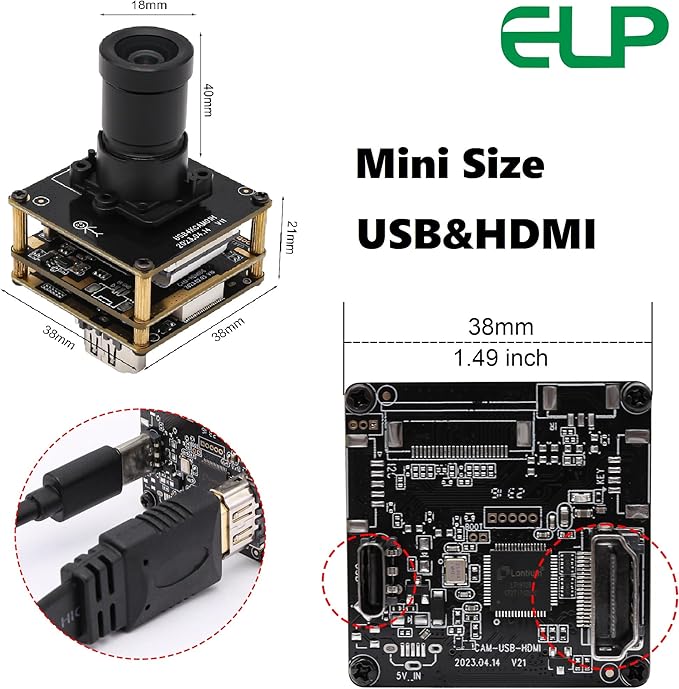 ELP 4K USB HDMI Camera Module Night Vision PC Camera for Computer Monitor with Simultaneous 2X Digital Zoom and 8mp Resolution, Ideal for Security and Laser Engraver Applications