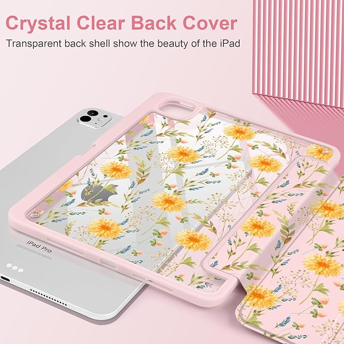 Case for iPad Pro 13 Inch (M5 2025 M4 2024) – [Built-in Pencil Holder], Shockproof & Stylish, Clear Hard Back + Soft TPU Edge, Magnetic Trifold Stand, Auto Wake/Sleep, Yellow Floral