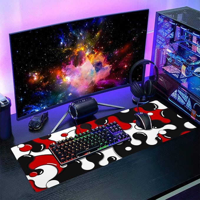 Red Black White Mouse Pad Anime Cool Geometric Japanese Extended Desk Mat 80X30cm Non-Slip Rubber Base Stitched Edge Large XL Mousepad for Desk Gaming Laptop Desktop,31.5×11.8 Inch