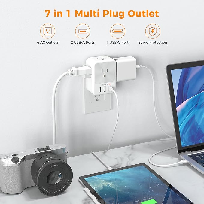 TESSAN Surge Protector Wall Outlet Extender, Multi Plug Outlet Splitter with 3 USB Charging Blocks(1 USB C), Multi Plug Wall Charger for Home, Office, School, College Dorm Essentials, Grey