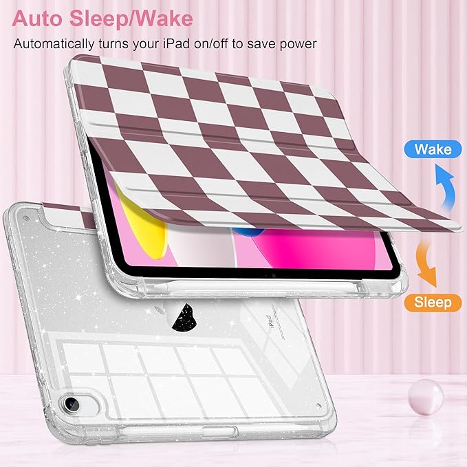 DONGKE for iPad Pro 11 inch Case – Fits M5 2025 / M4 2024, Shockproof Sparkling Glitter Acrylic Back, Pencil Holder, Trifold Stand, Auto Sleep/Wake & Touch ID Support - Brown Checkerboard