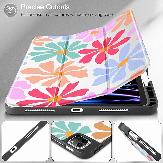 May Chen for iPad Pro M2 12.9 Case 6th/5th/4th/3rd Generation 2022 2021 2020 2018 Trifold Stand + Pencil Holder + Auto Wake/Sleep + Soft TPU Protective Stand Back Cover, Groovy Flower