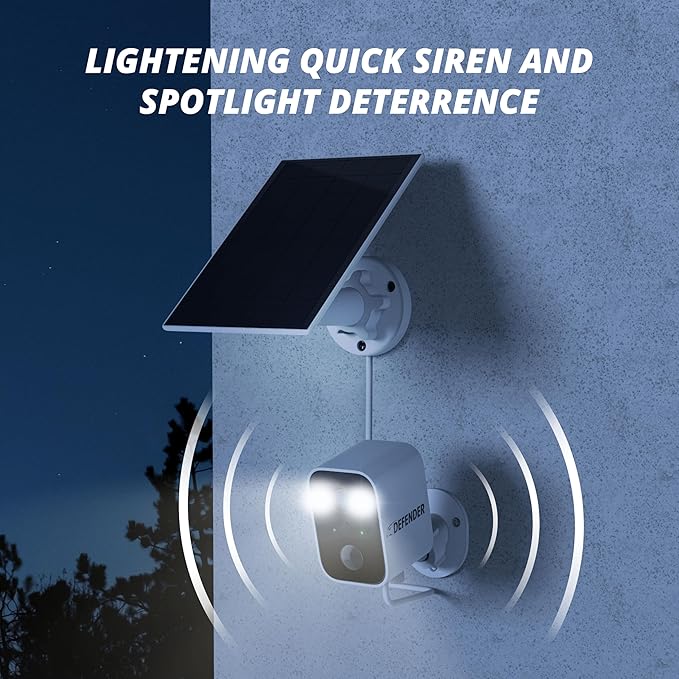 Defender Solar Powered 4K/8MP AI Everwatch Wireless Outdoor Security Camera, 2 Pack, Battery Powered, AI Detection, Color Night Vision, Spotlight/Siren, IP66 Rated, Two-Way Talk, Works w/Empower App