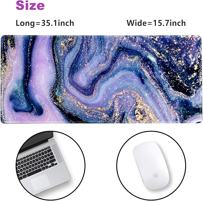 Extended Gaming Mouse Pad XXL ArtSo Large Keyboard Mat Long Mousepad Desk Decor Writing Pad Non Slip Rubber Base Stitched Edges for Work, Game, Office, Home, 35.1" x 15.7", Purple Marble