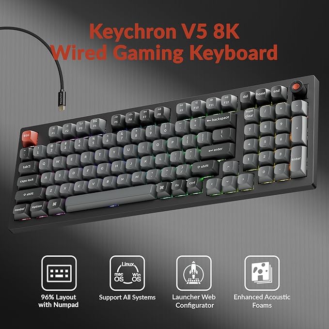 Keychron V5 8K 96% Compact Mechanical Keyboard, 8000 Hz Polling Rate Hot-Swappable QMK Programmable Wired Keyboard with Numpad & Knob, RGB Backlit, Ergonomic for Mac Windows Linux-Linear Red Switch