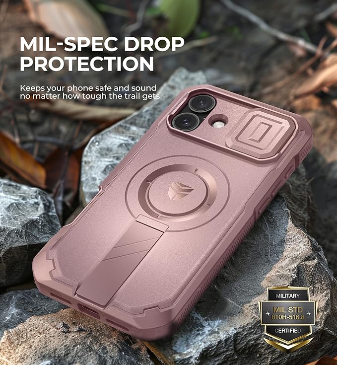 Dexnor for iPhone 16 Plus Case with Slide Camera Cover&Adjustable Kickstand & Built-in Screen Protector,Compatible with MagSafe Shockproof Bumper Cases Heavy-Duty Magnetic Protective Cover,Peony Pink