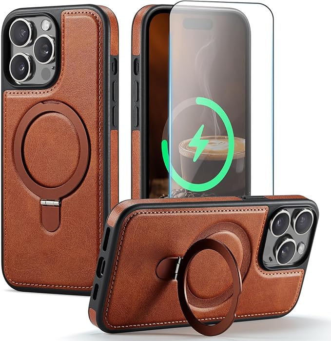 Compatible with iPhone 15 Pro Case with Stand, Compatible with MagSafe, Slim PU Leather & Durable TPU Protective Cover Drop-Proof with Tempered Glass Screen Protector 6.1", Brown