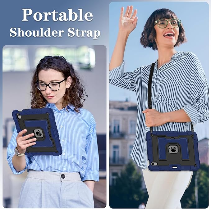 Kids Friendly Case for iPad Air 11 Inch M4 M3 M2 2026/2025/2024 Case with Pencil Holder & Shoulder Strap, Military Grade Shockproof Kickstand Hard Shell Protective Cover,Blue+Black