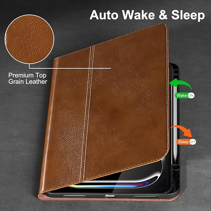 Gexmil Genuine Leather Case for iPad Pro 13 Inch (M5/M4) 2025/2024 with Pencil Holder,Protective Shockproof Smart Leather Folio Cover Adjustable Stand Auto Sleep/Wake,Yellow Brown