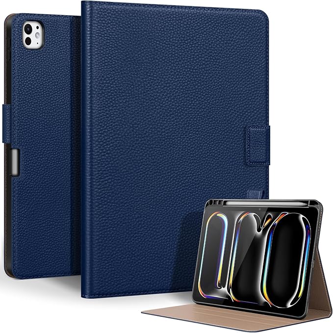 Genuine Leather Case for iPad Pro 11 inch Case (M5) 2025 / (M4) 2024 | with Pencil Holder and Adjustable Stand, Magnetic Closure, Auto Wake/Sleep Cover | Blue