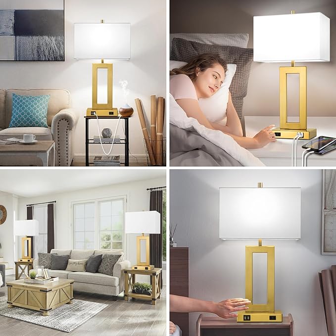 Modern Vintage Gold Table Lamp Set of 2, 28inch Tall Lamps for Living Room Bedroom with 2 USB Ports&AC Outlet, 3 Way Dimmable Touch Control Desk Lamps For Reading Home Office, E26 Socket, with Bulb