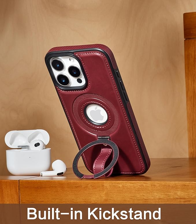 Butaiga for iPhone 12 / iPhone 12 Pro Leather Case with Stand, Anti-Slip Grip Ring, Fits for MagSafe (Burgundy, iPhone 12/12 Pro)