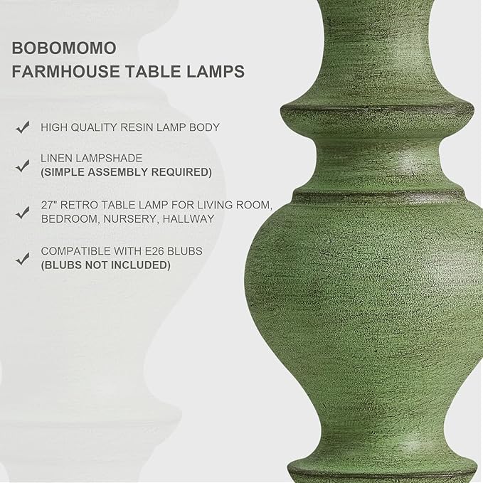 BOBOMOMO 27" Sage Green Table Lamps Set of 2, Large Farmhouse Resin Lamps with Linen Shades, Green Vintage Lamps for Living Room, Bedroom, or Entryway, Rustic Elegant Home Décor
