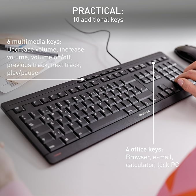 Cherry Stream Keyboard, Wired Keyboard for PC/Laptop, Whisper Quiet Silent Keys, Unique Typing Feel, Slim Design, SX Scissor Switches, USB-A, QWERTY, Black