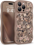 GVIEWIN for iPhone 15 Pro Case Compatible with MagSafe [Curly Wave Edge][Full Camera Protection] Floral Translucent Shockproof Magnetic Women Phone Case for iPhone 15 Pro 6.1'', Apricot Blossom/Brown