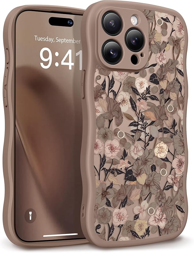 GVIEWIN for iPhone 15 Pro Max Case Compatible with MagSafe [Curly Wave Edge][Full Camera Protection] Floral Translucent Shockproof Magnetic Women Phone Case for 15 Pro Max 6.7'', Apricot Blossom/Brown