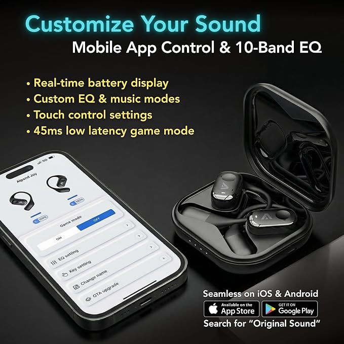Joy Open-Ear Headphones, Wireless Bluetooth 5.4 Earbuds, Over-Ear Around-Ear Earhook, Sports Fit for Running & Workouts, ENC Clear Calls, HD Sound, App EQ, 40H Battery, IPX4 Sweatproof, Black