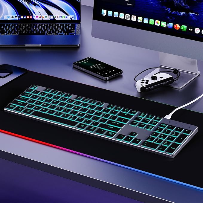 POWZAN Wired Backlit Keyboard for Windows/Mac,Aluminum Slim & Quiet Full Size Keyboards Light Up with USB A/USB C Dual Interface,Compatible with iMac,MacBook,iPad,Laptop,PC-Gray Black (Gray Black)