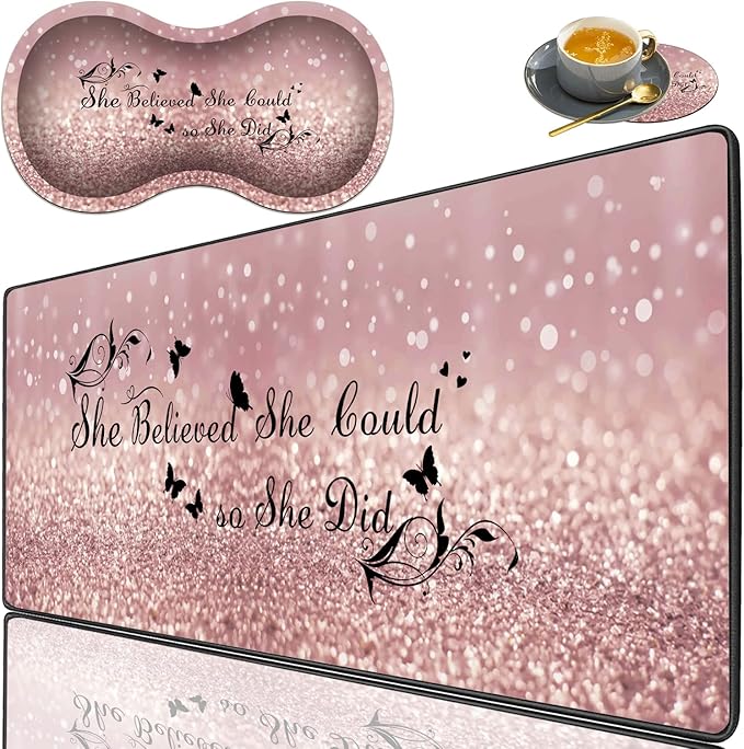 3 Piece Mouse Pad Set with Stitched Edge Large Anti-Slip Mouse Pad Desk Pad Keyboard Pad + Wrist Rest Pad + Coaster, Memory Foam Wrist Rest for Office/Home - She Believed She Could So She Did