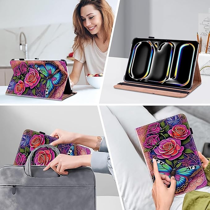 Case for iPad Pro 11 inch Case (M5/M4) 2025/2024, Premium Leather Folio Stand Cover with Auto Wake/Sleep, Pencil Holder and Card Slots - Colorful Butterfly