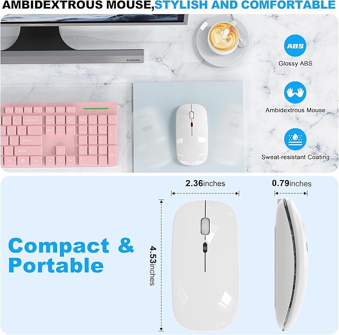 LED Bluetooth Wireless Mouse for MacBook Air Mac Pro Laptop Computer iPad, Rechargeable Silent Light-Up Mouse Jiggler Optical Dual Mode BT5.2 & USB-A/USB-C for Students, Kids, Girls, Boys - White