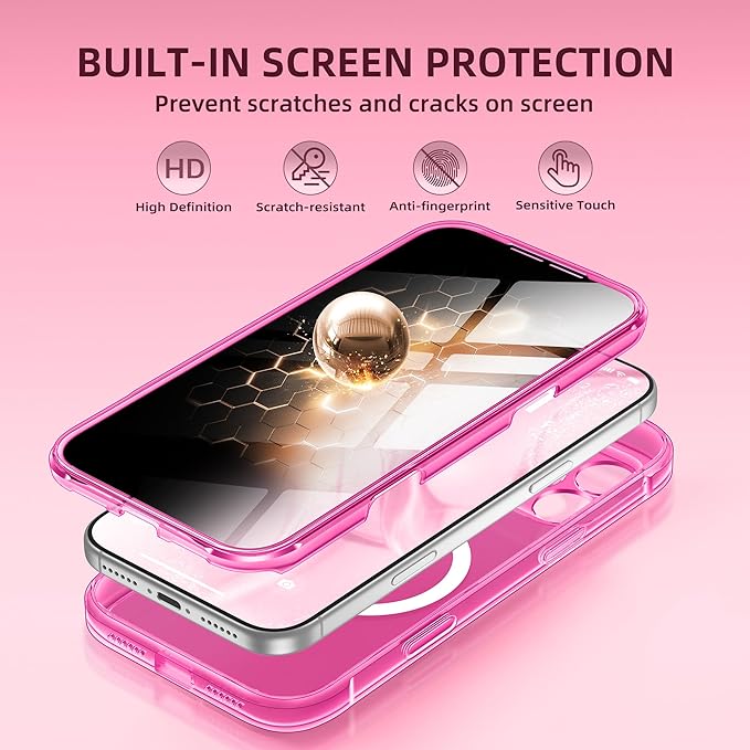 BERFY for iPhone 17 Pro Max Case, Compatible with MagSafe, Built-in Privacy Screen Protector, Camera Protection, Shockproof Full Body Phone Case 6.9", Clear Bright Pink